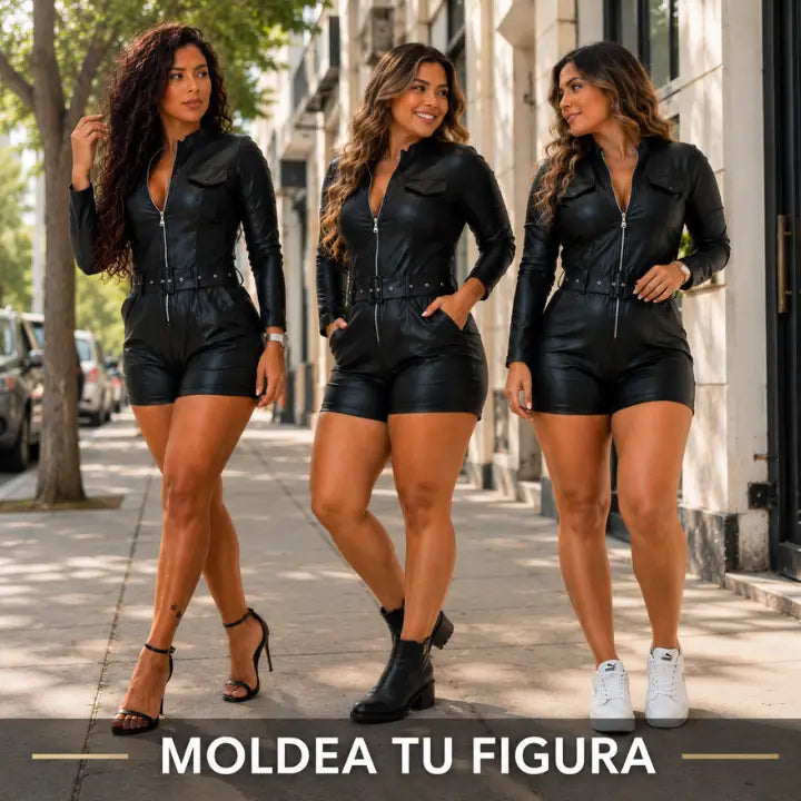 Enterizo Short LatinaLux Tipo Cuero– Efecto reloj de arena, levanta cola control de abdomen y realza tu figura.