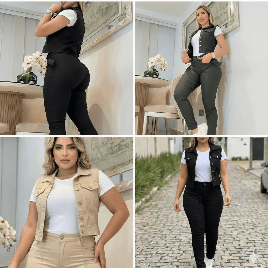 🎁 PANTALON+CHALECO+CAMISETA+CINTURON - Tela licrada que moldea el cuerpo y realza la cola