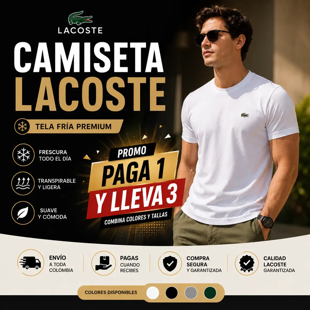 Camiseta Lacoste tela fria tipo premium- frescura, estilo y comodidad en cualquier ambiente.