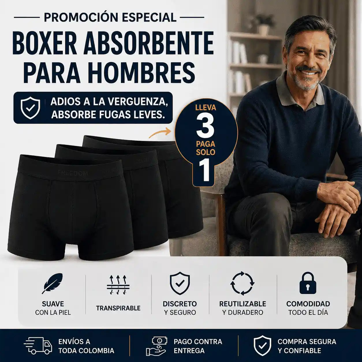 GRAN OFERTA (PAGA 1 Y LLEVA 3) - BOXER INCONTINENCIA 💧 Tecnología diseñada para atrapar pequeñas fugas!