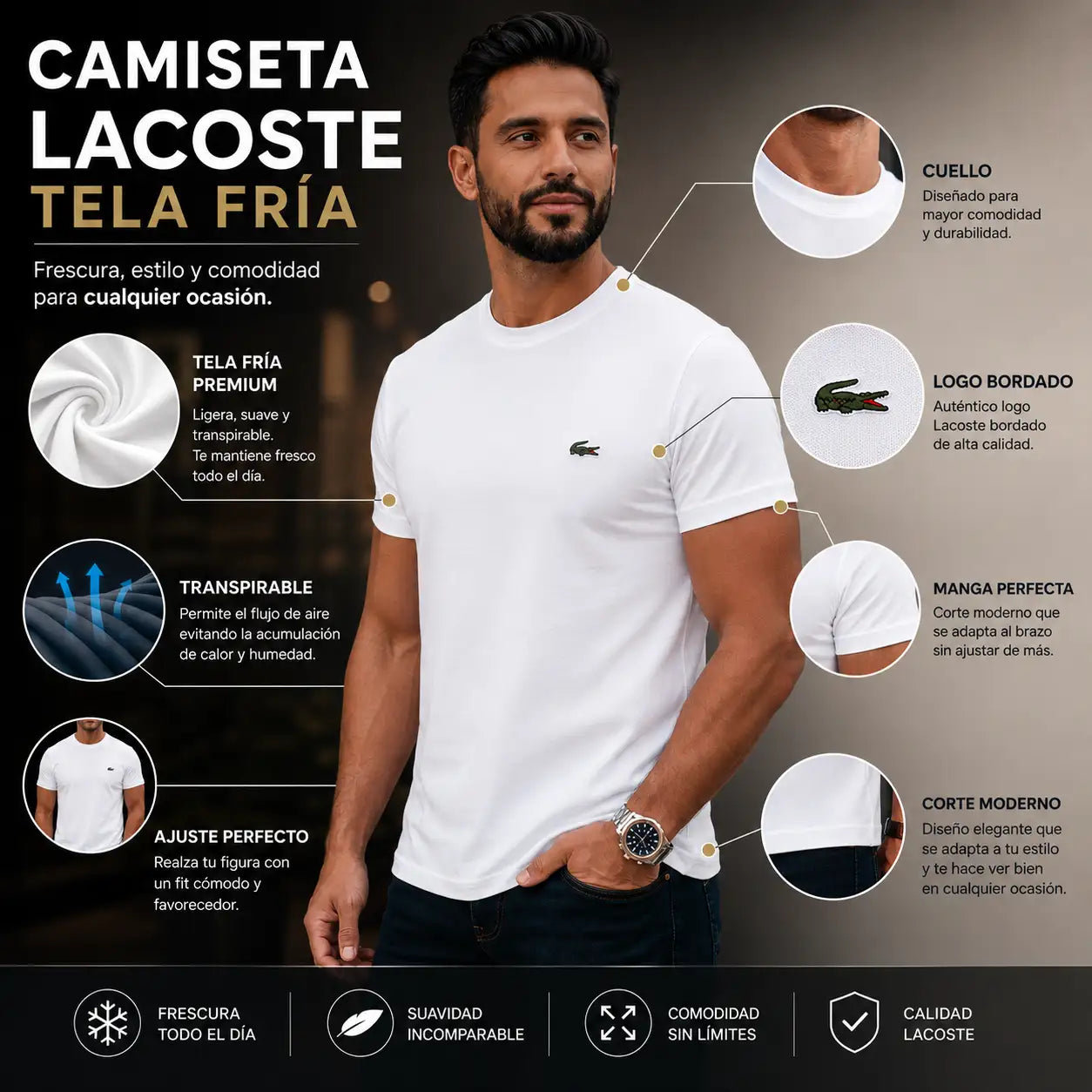 Camiseta Lacoste tela fria tipo premium- frescura, estilo y comodidad en cualquier ambiente.