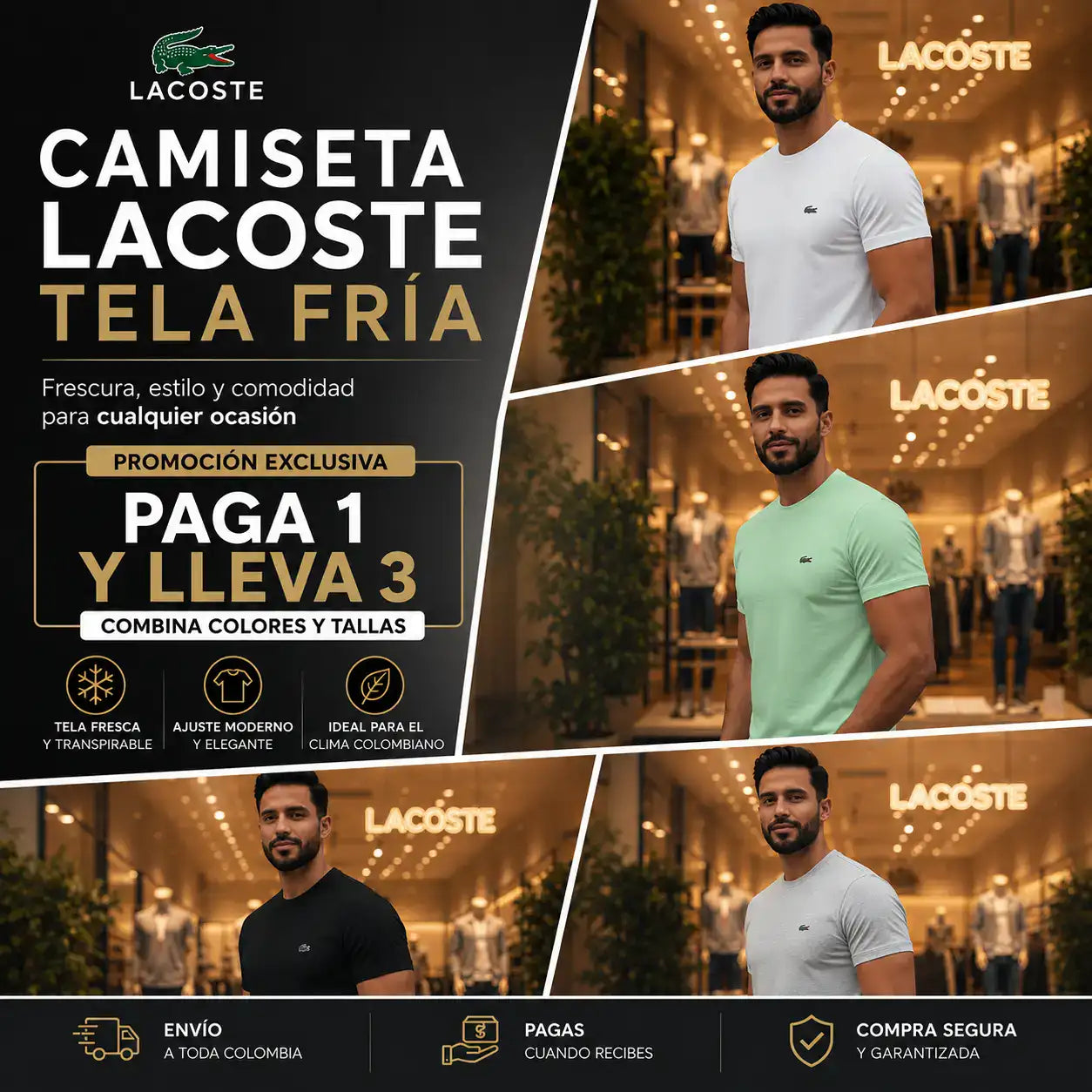 Camiseta Lacoste tela fria tipo premium- frescura, estilo y comodidad en cualquier ambiente.