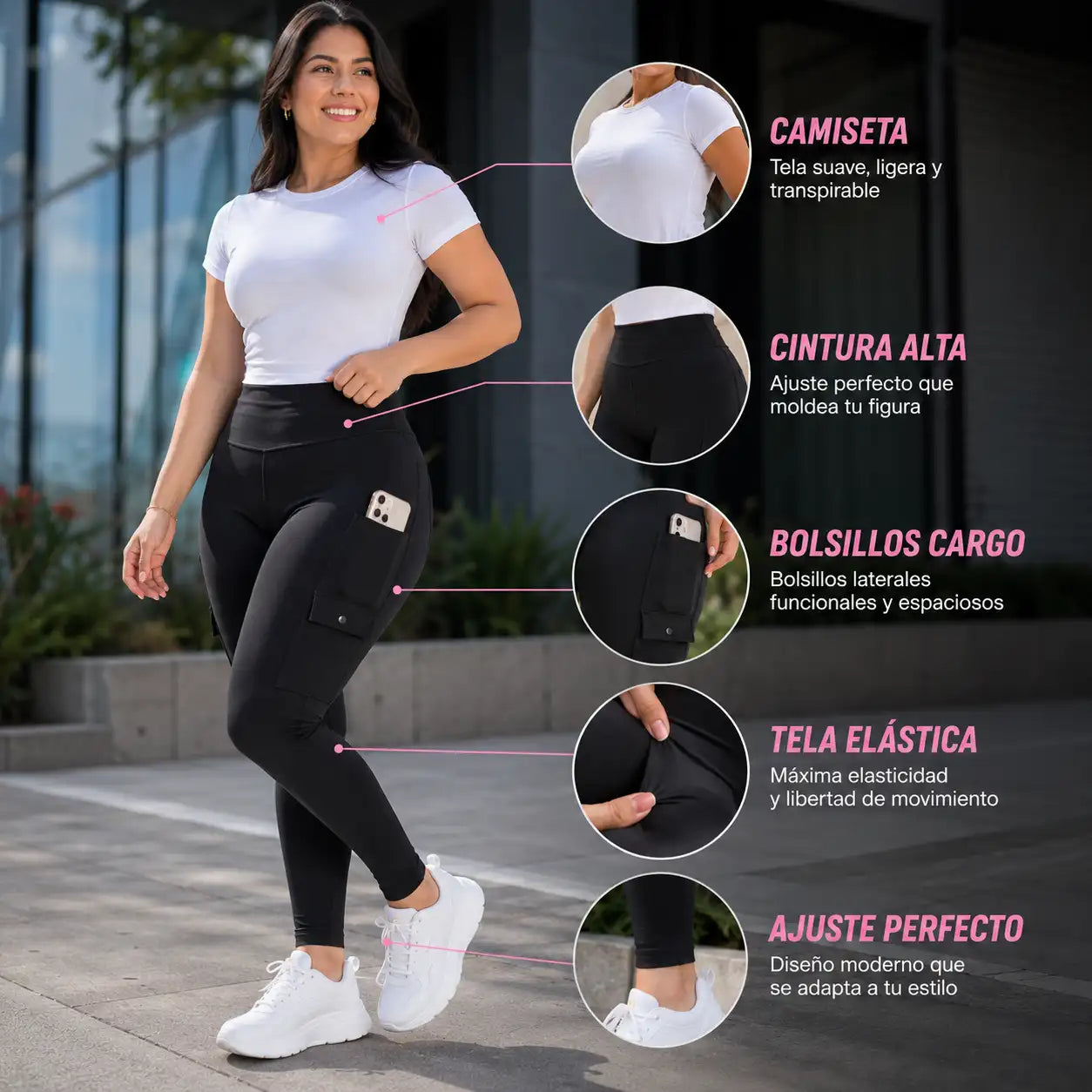 Conjunto leggins cargo + camiseta - Levanta cola, control abdomen y bolsillos.🔥 Últimas unidades