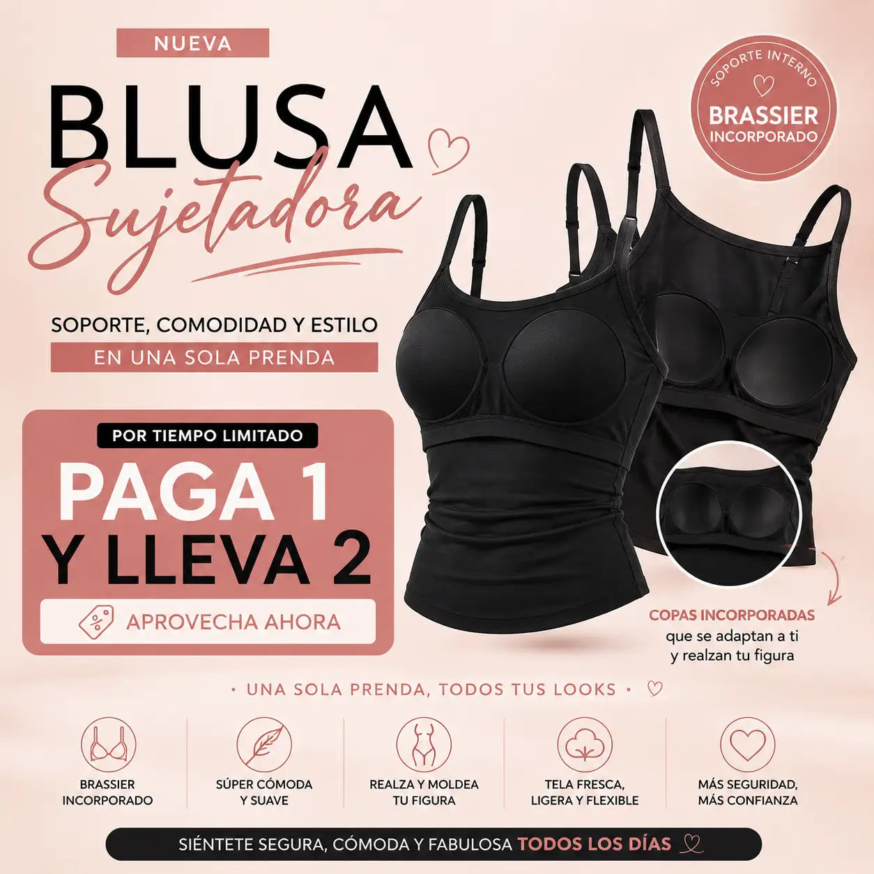 OFERTA! PAGA 1  Y LLEVA 2- BLUSA CON SUJETADOR, Dos prendas en una, mayor comodidad!