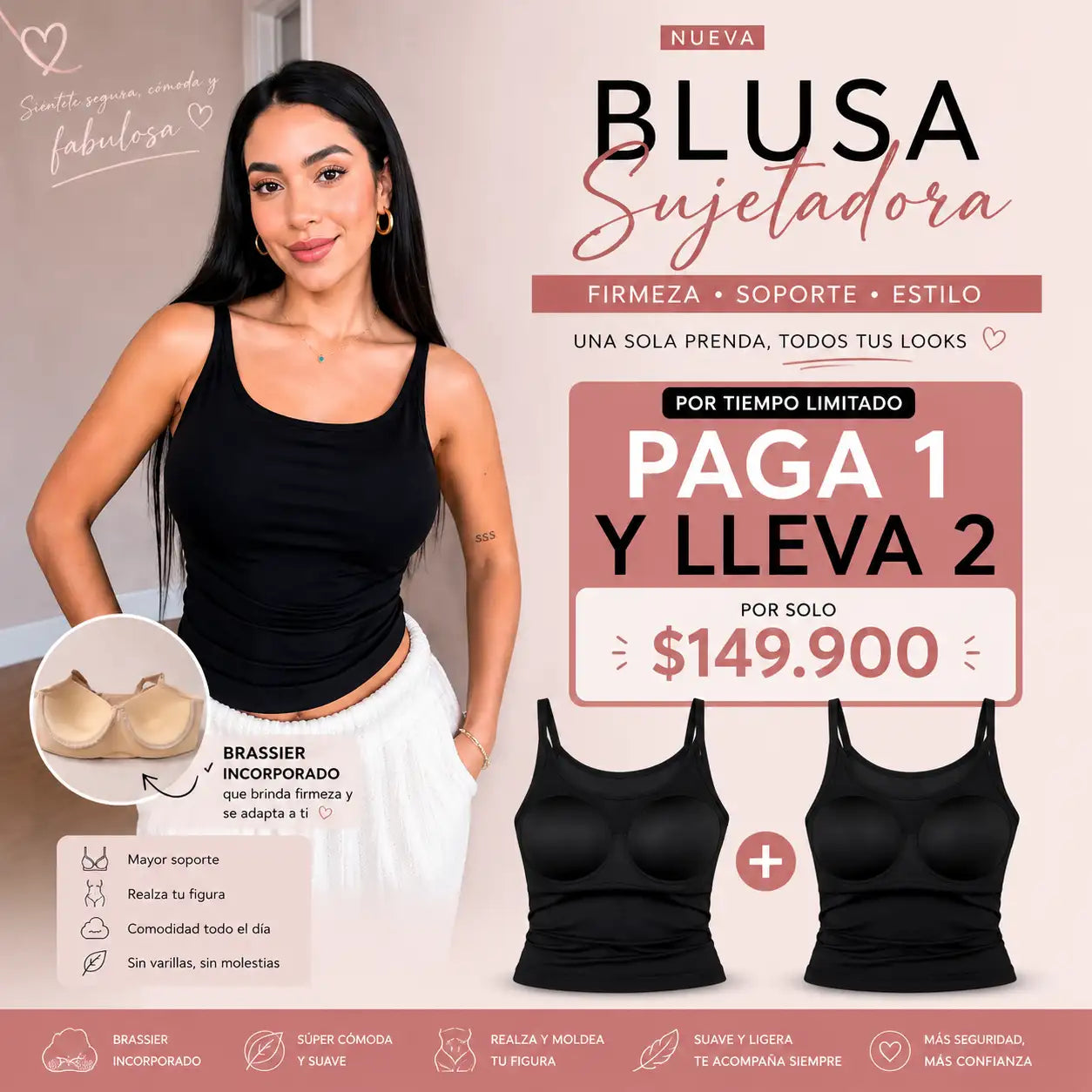 OFERTA! PAGA 1  Y LLEVA 2- BLUSA CON SUJETADOR, Dos prendas en una, mayor comodidad!