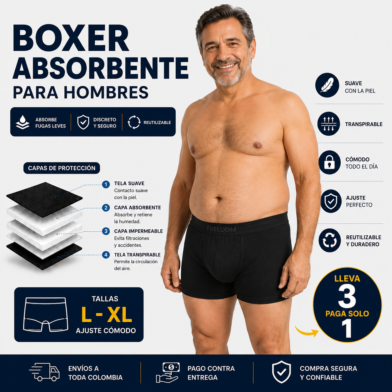 GRAN OFERTA (PAGA 1 Y LLEVA 3) - BOXER INCONTINENCIA 💧 Tecnología diseñada para atrapar pequeñas fugas!