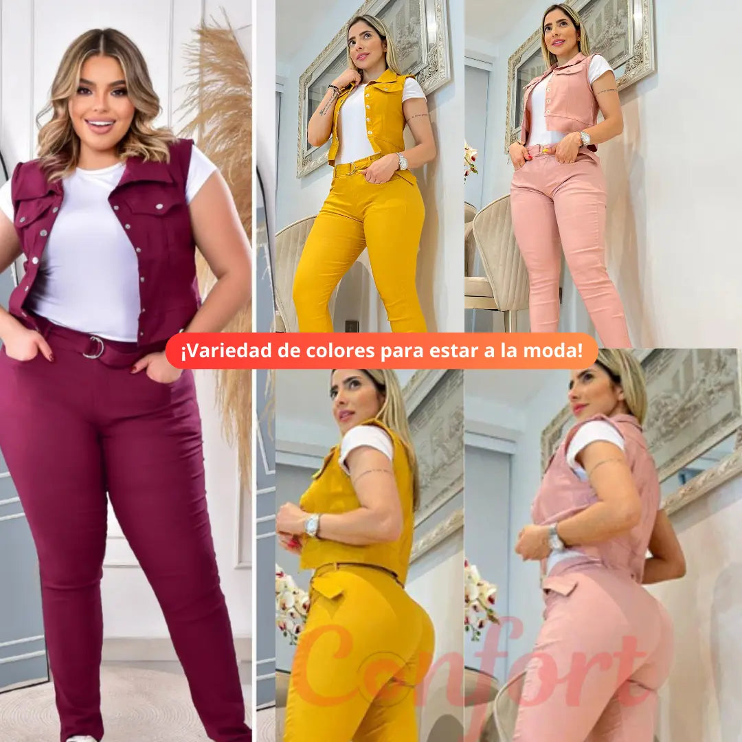 🎁 PANTALON+CHALECO+CAMISETA+CINTURON - Tela licrada que moldea el cuerpo y realza la cola