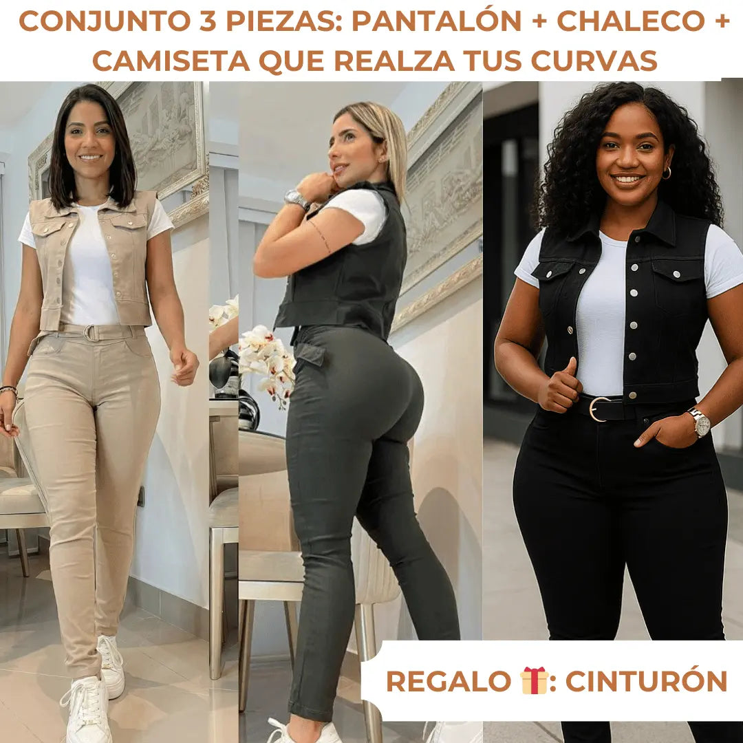 🎁 PANTALON+CHALECO+CAMISETA+CINTURON - Tela licrada que moldea el cuerpo y realza la cola