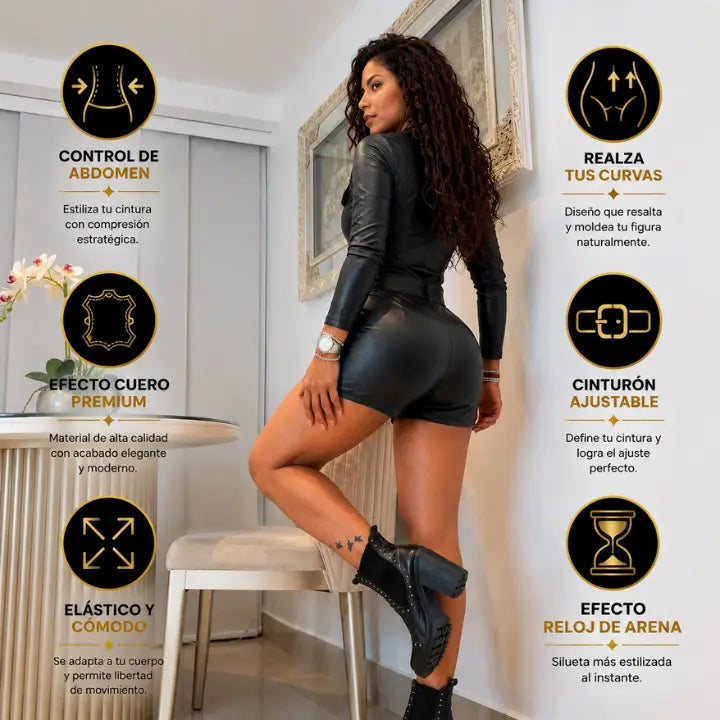 Enterizo Short LatinaLux Tipo Cuero– Efecto reloj de arena, levanta cola control de abdomen y realza tu figura.