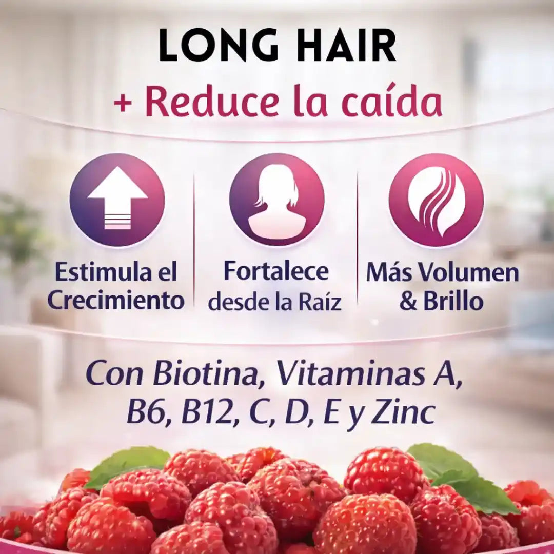 Long Hair Gomitas con Biotina- Recupera la fuerza y el brillo de tu cabello desde la raíz.