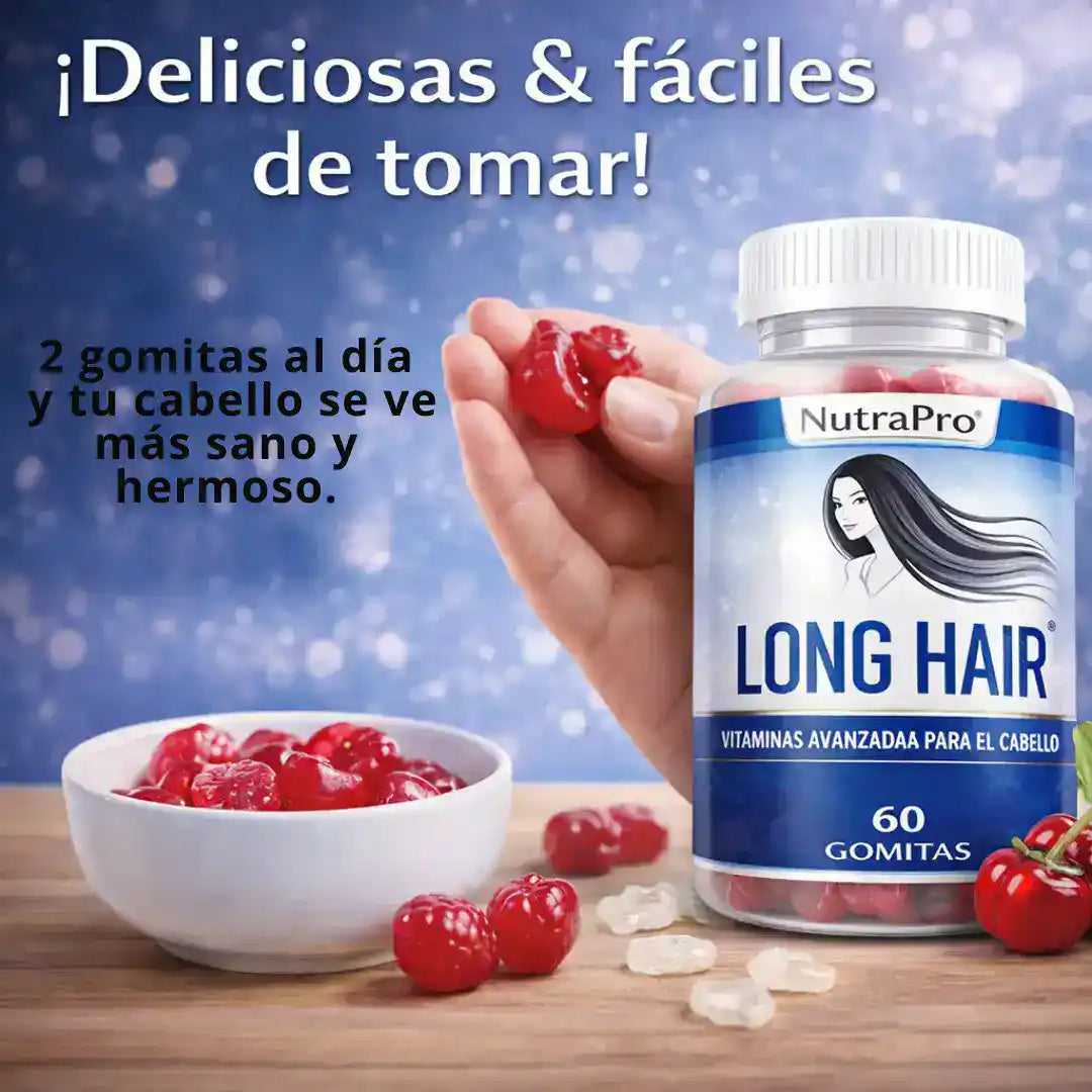 Long Hair Gomitas con Biotina- Recupera la fuerza y el brillo de tu cabello desde la raíz.