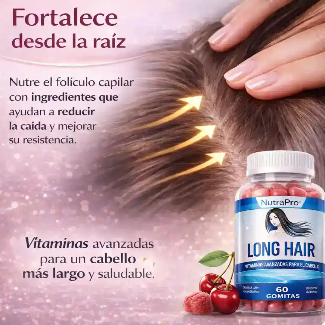 Long Hair Gomitas con Biotina- Recupera la fuerza y el brillo de tu cabello desde la raíz.